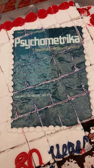 White cake with a Psychometrica cover decorated on the top
