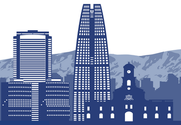 Blue drawing of buildings in downtown Santiago, with mountain background
